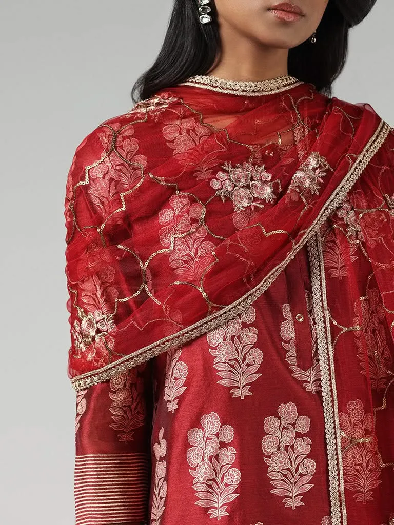 Vark Maroon Floral Printed Cotton Blend Kurta with Palazzos and Dupatta