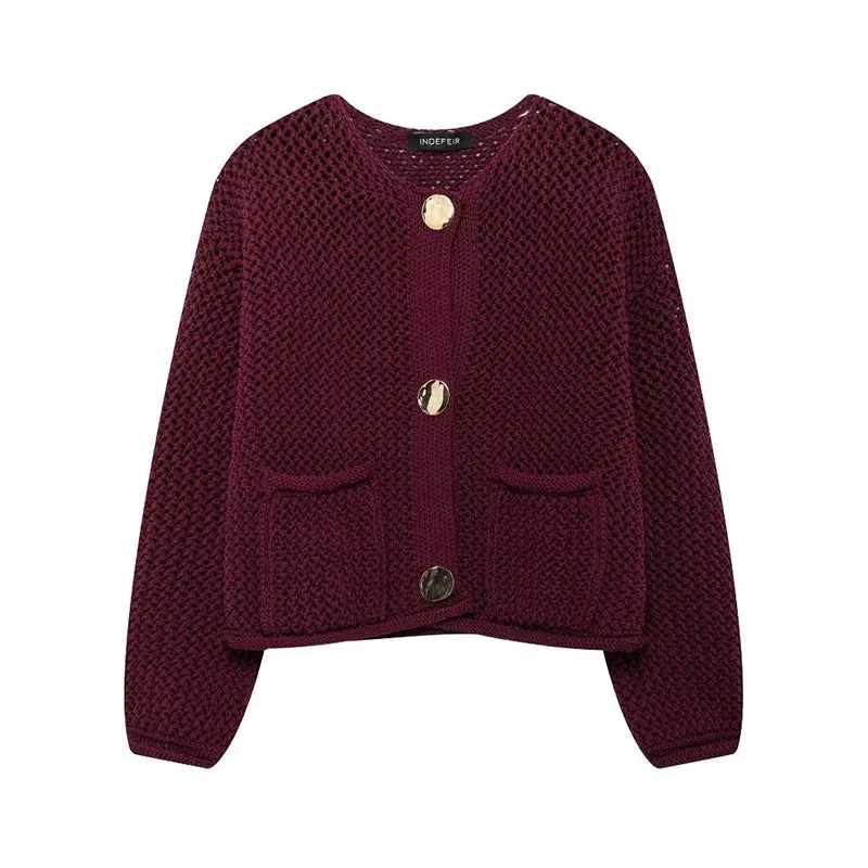 Wenkouban-Christmas Thanksgiving outfits_Vintage Stylish Cozy Cropped Wine Red Knitted Button Pocket Christmas Sweater