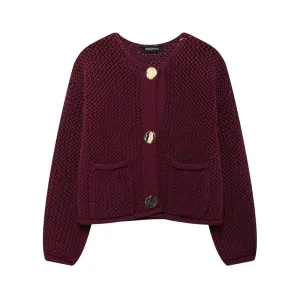 Wenkouban-Christmas Thanksgiving outfits_Vintage Stylish Cozy Cropped Wine Red Knitted Button Pocket Christmas Sweater