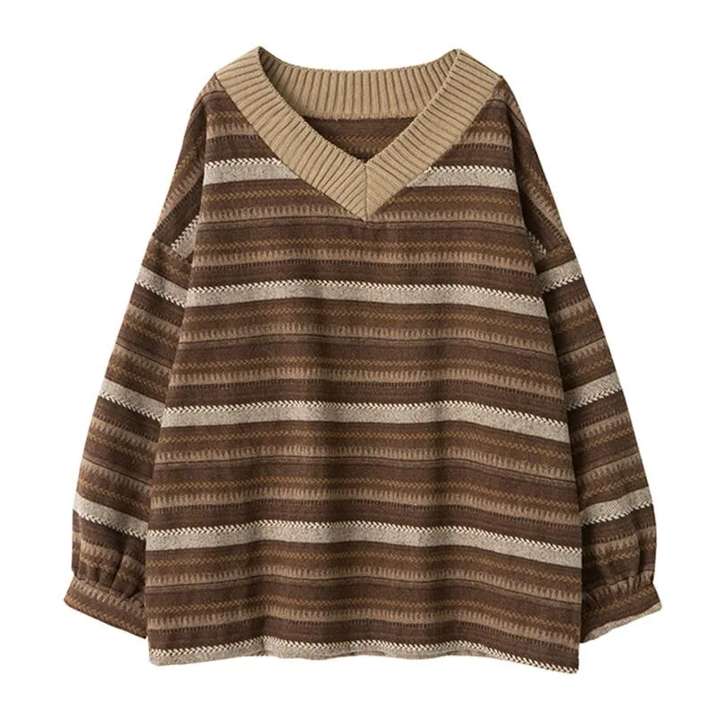 Wenkouban Knitted Sweaters Women Oversized V Neck Striped Pullover Vintage Sweater Autumn Winter Retro Warm Jumper Harajuku Loose Sweater