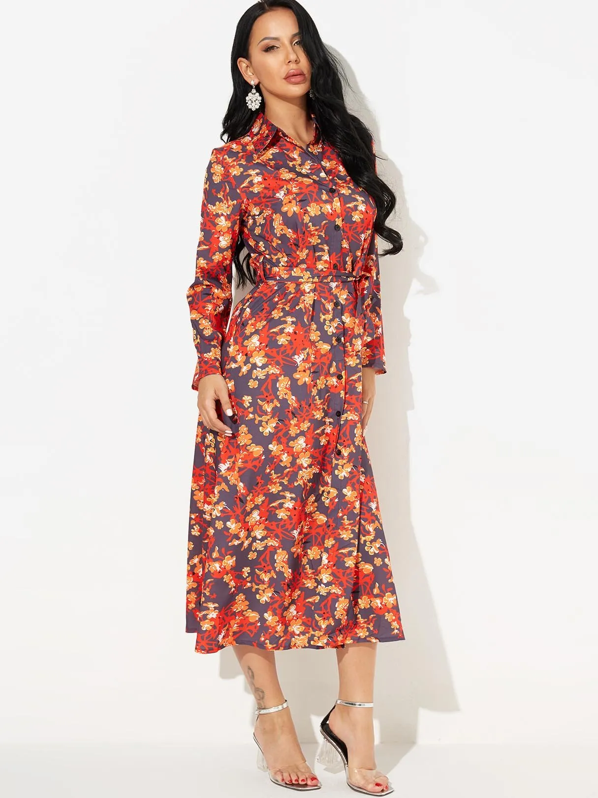 Wholesale Classic Collar Long Sleeve Floral Print Side Pockets Self-Tie Dresses