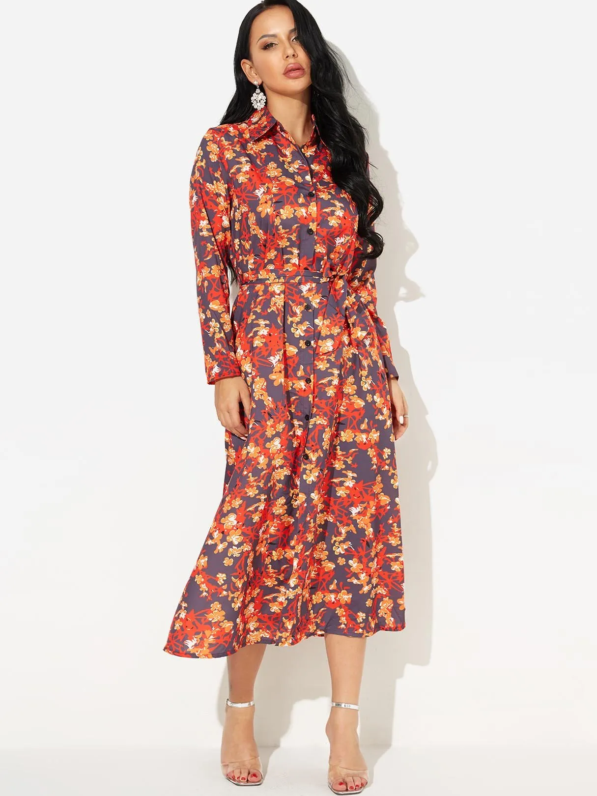 Wholesale Classic Collar Long Sleeve Floral Print Side Pockets Self-Tie Dresses