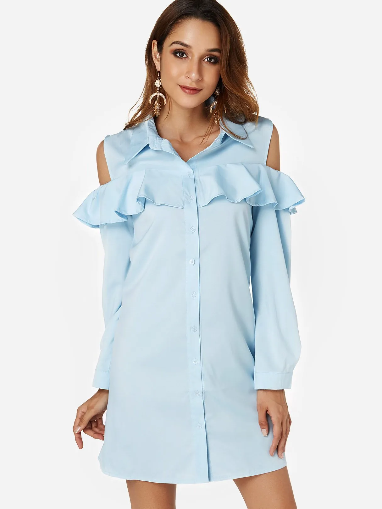 Wholesale Sky Blue Classic Collar Cold Shoulder Ruffle Trim Shirt Dress