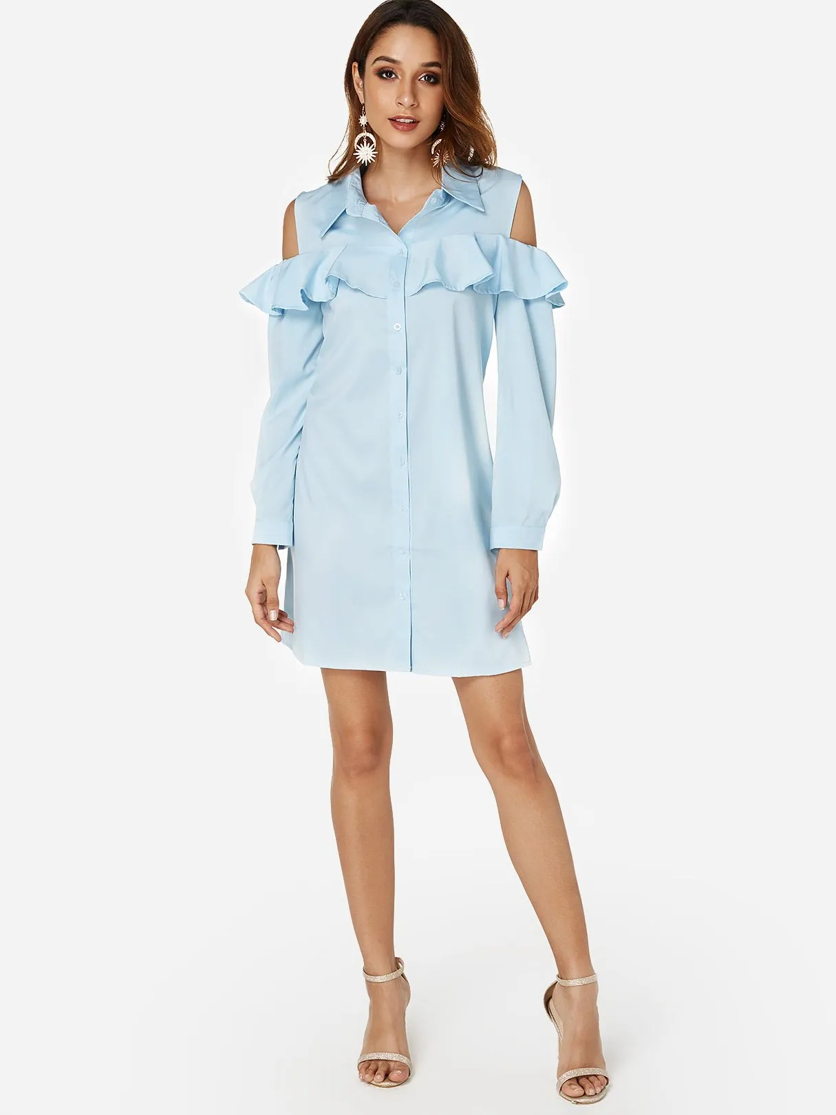 Wholesale Sky Blue Classic Collar Cold Shoulder Ruffle Trim Shirt Dress