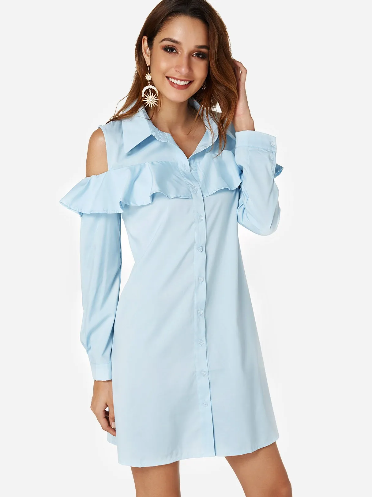 Wholesale Sky Blue Classic Collar Cold Shoulder Ruffle Trim Shirt Dress