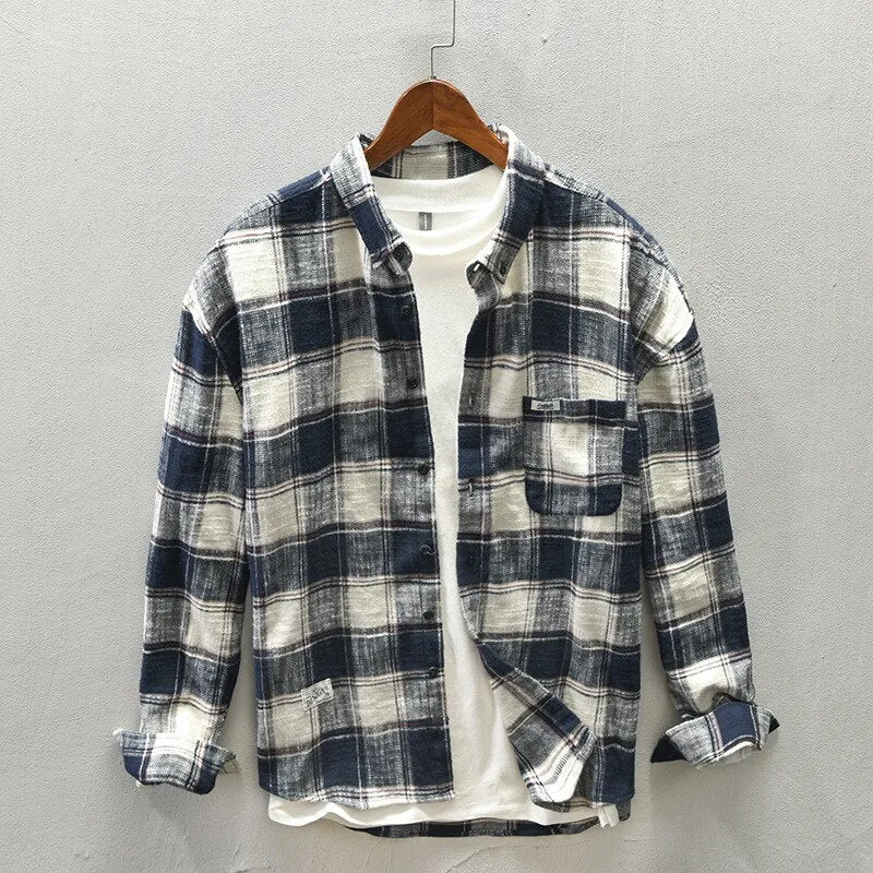 Wiaofellas Z713 Autumn Men Plaid Shirts Casual Classical Daily Cotton Lapel Pocket Decoration Comfortable Fashion Long Sleeve Tops Clothing