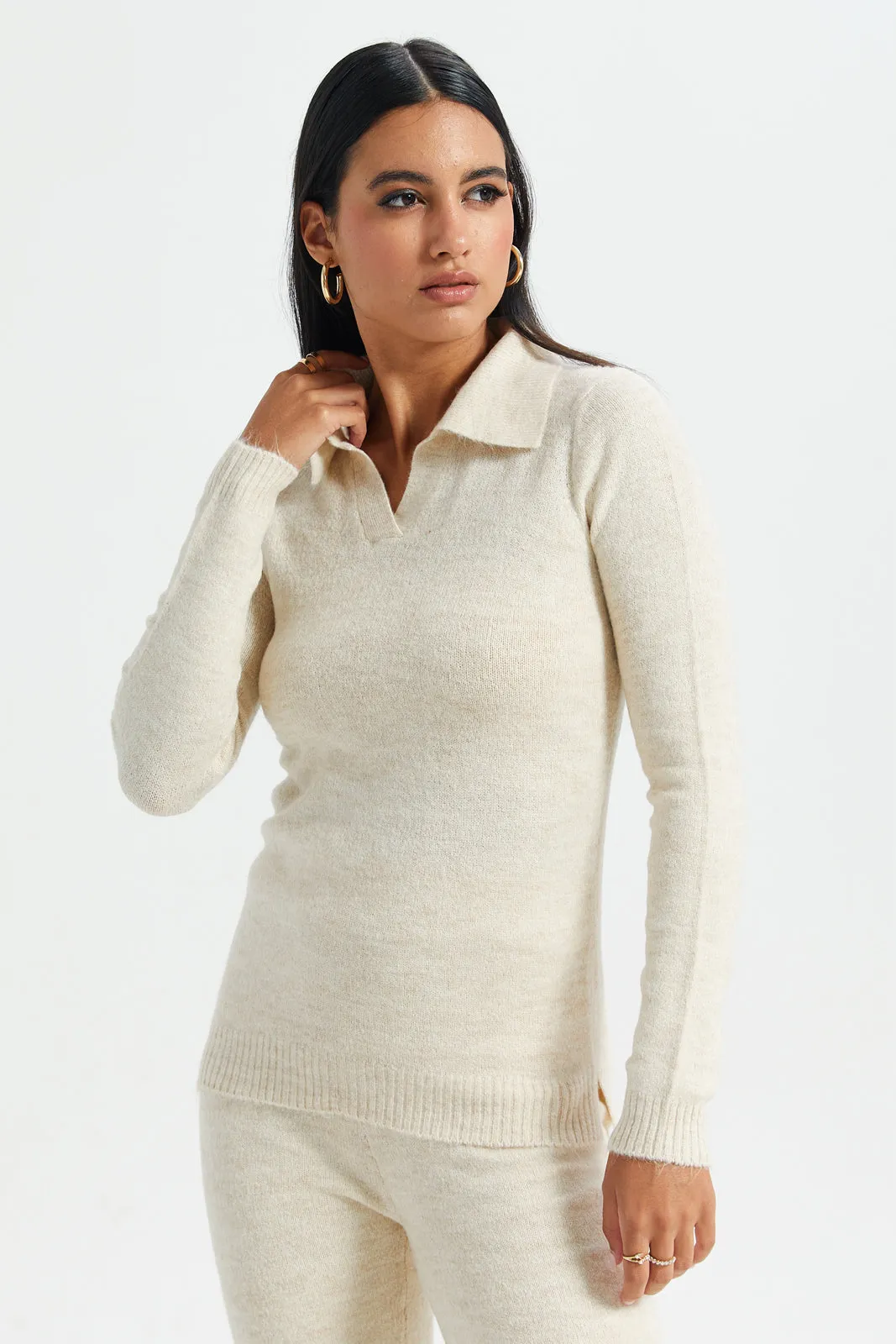 Women Beige Collared Pullover