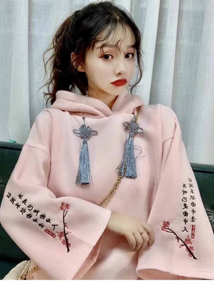 Women Floral Embroidery Hooded Sweatshirts Chinese Style Letter Tassel Cotton Hoodies Spring Long Sleeve Pullovers Tracksui