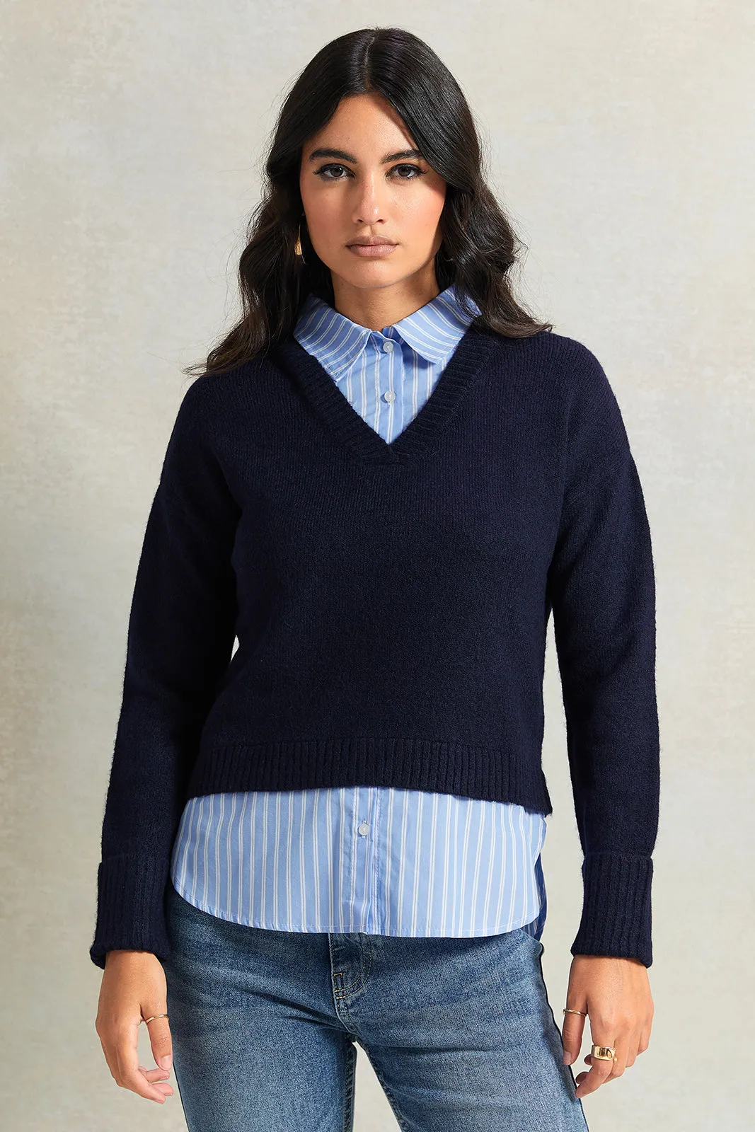 Women Navy With Blue Striped Twofer