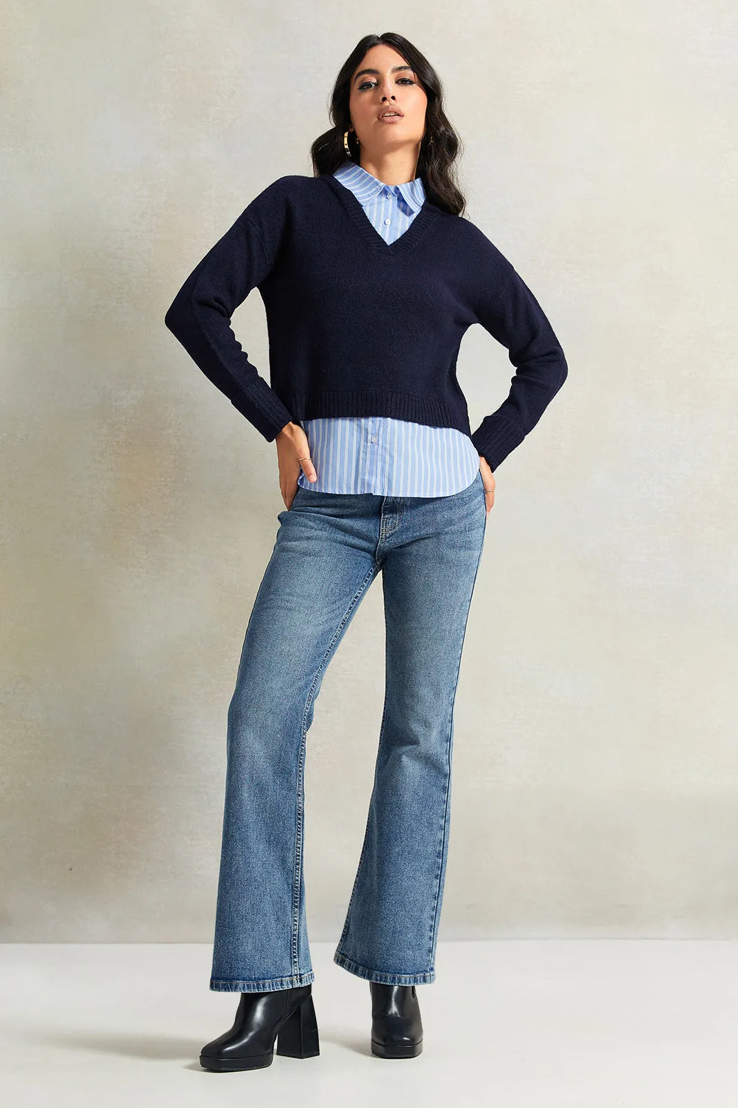 Women Navy With Blue Striped Twofer