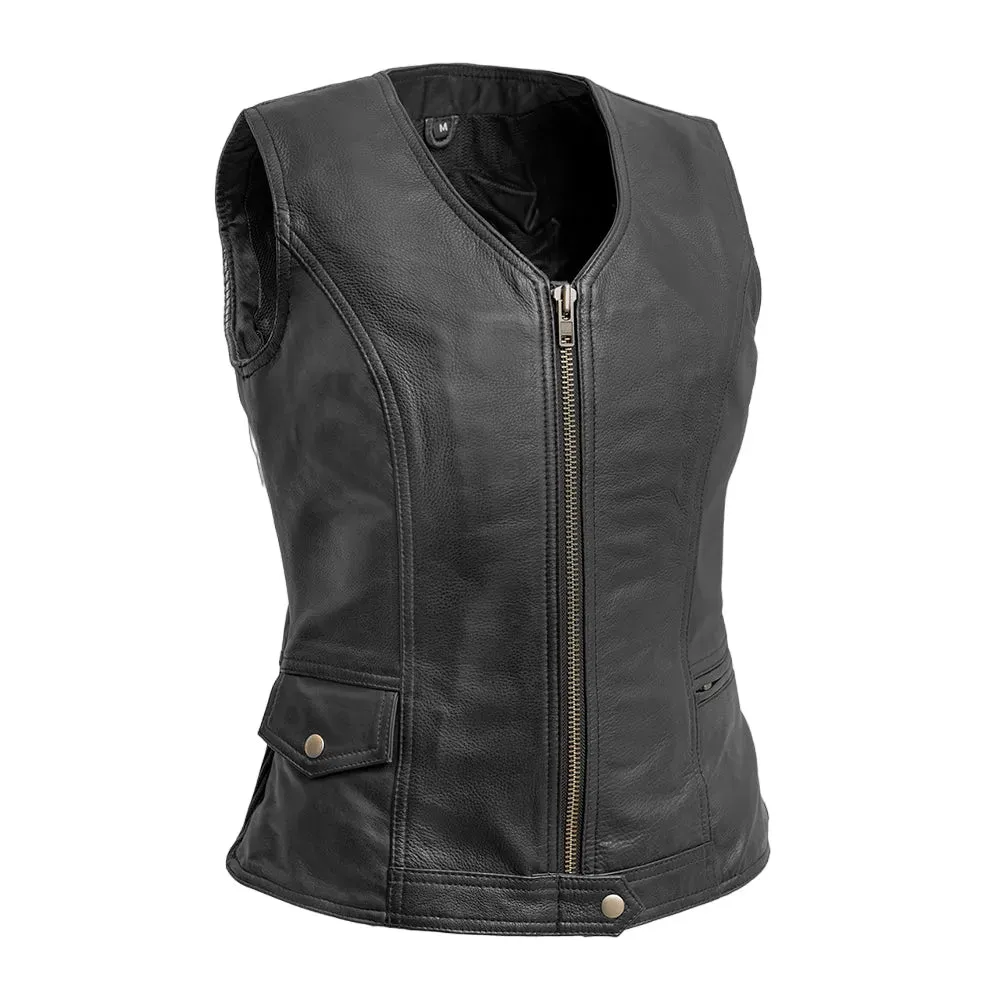 Womens Black Leather Motorcycle Vest with Zipper