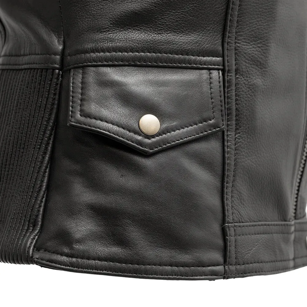 Womens Black Leather Motorcycle Vest with Zipper