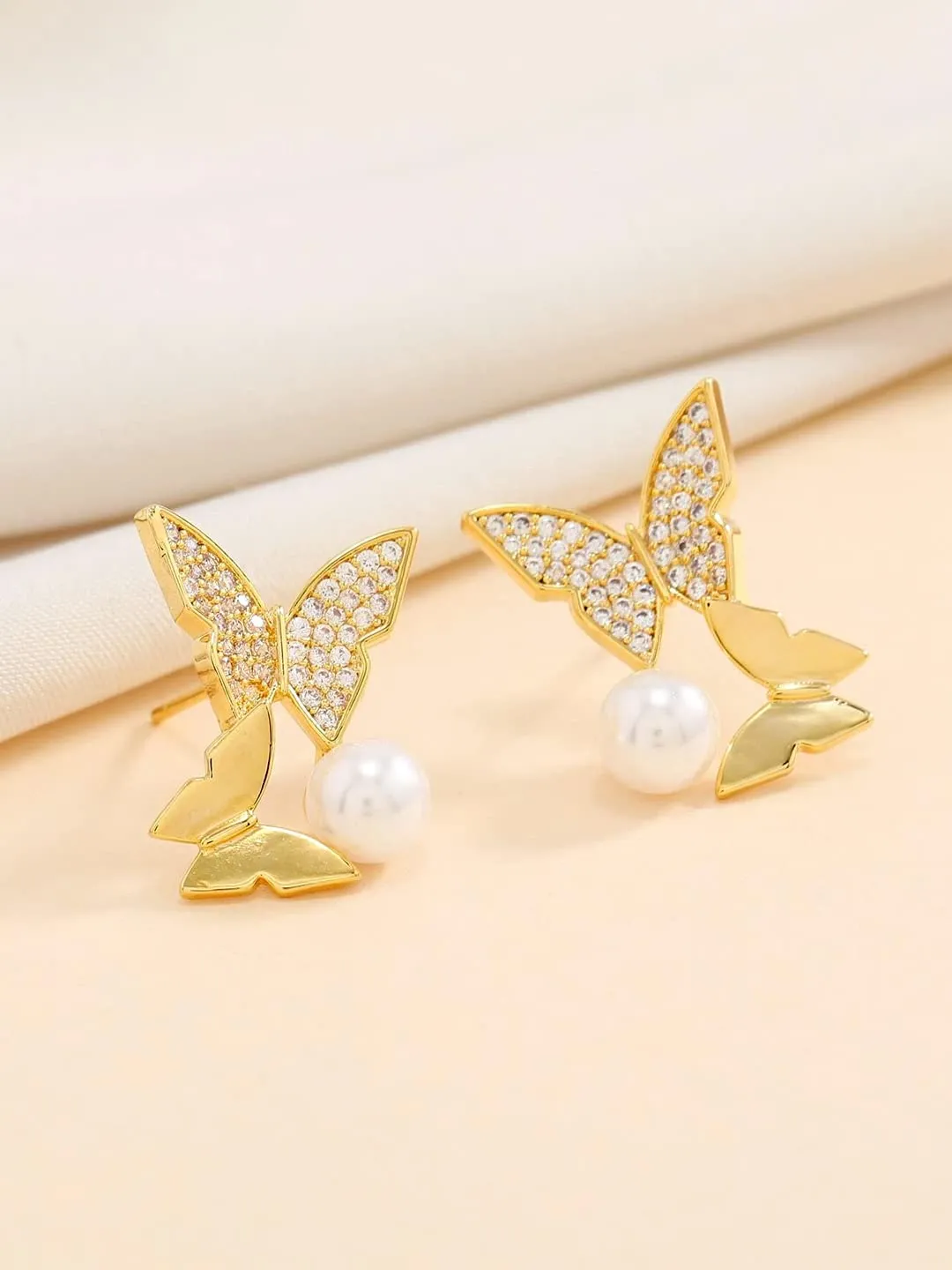 Yellow Chimes Earrings For Women Gold Tone Double Butterfly Attached Crystal Studded With White Pearl Drop Earrings For Women and Girls