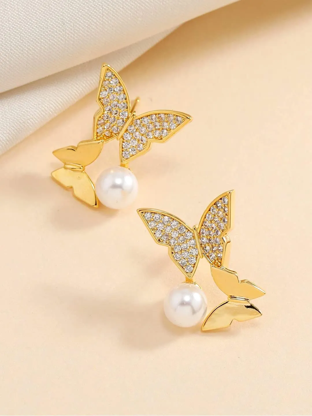 Yellow Chimes Earrings For Women Gold Tone Double Butterfly Attached Crystal Studded With White Pearl Drop Earrings For Women and Girls