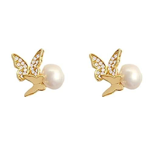 Yellow Chimes Earrings For Women Gold Tone Double Butterfly Attached Crystal Studded With White Pearl Drop Earrings For Women and Girls