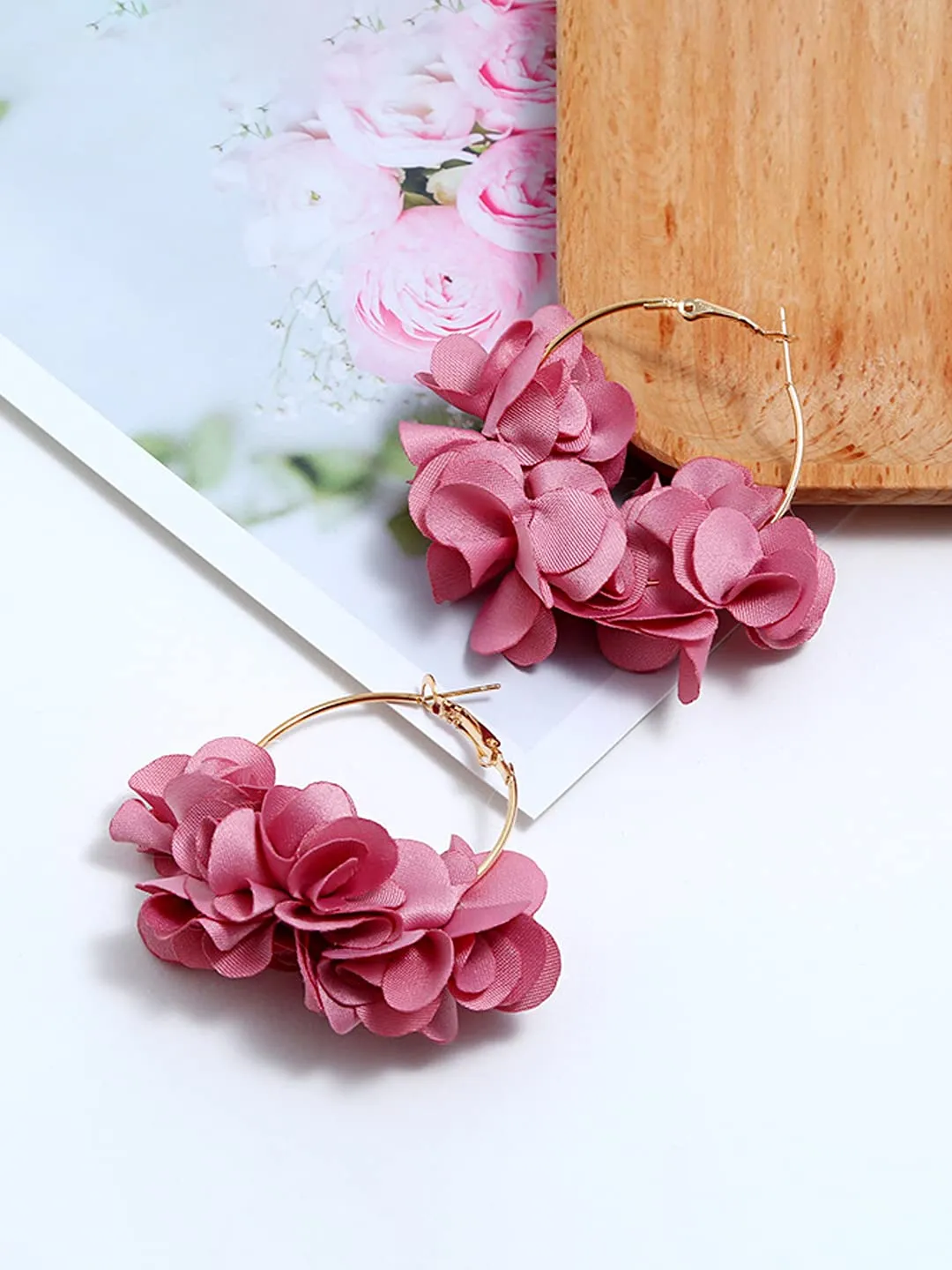 Yellow Chimes Earrings For Women Pink Color Boho Dangle Lace Cloth Mesh Yarn Chiffon Silk Handmade Flower Layered Petal Circel Hoop Jewelry Earrings for Women and Girls