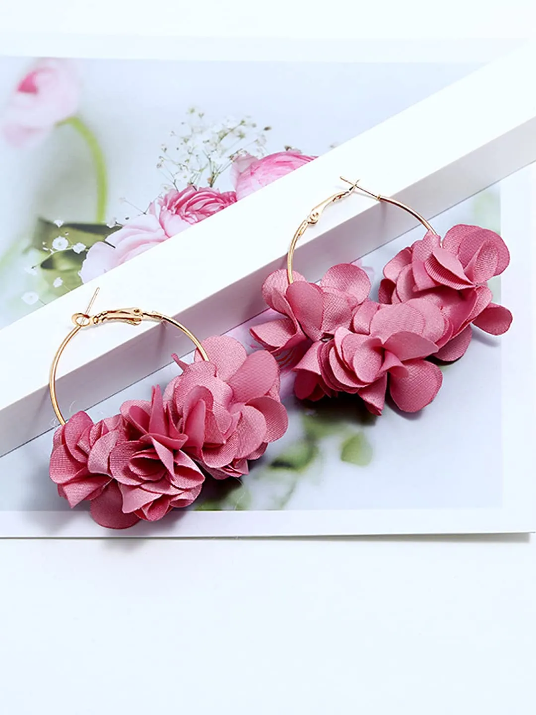 Yellow Chimes Earrings For Women Pink Color Boho Dangle Lace Cloth Mesh Yarn Chiffon Silk Handmade Flower Layered Petal Circel Hoop Jewelry Earrings for Women and Girls