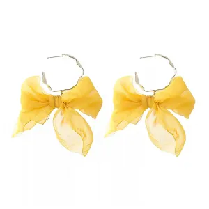 Yellow Chimes Earrings For Women Pink Colored Cloth Woven Bow Shaped Drop Earrings For Women and Girls