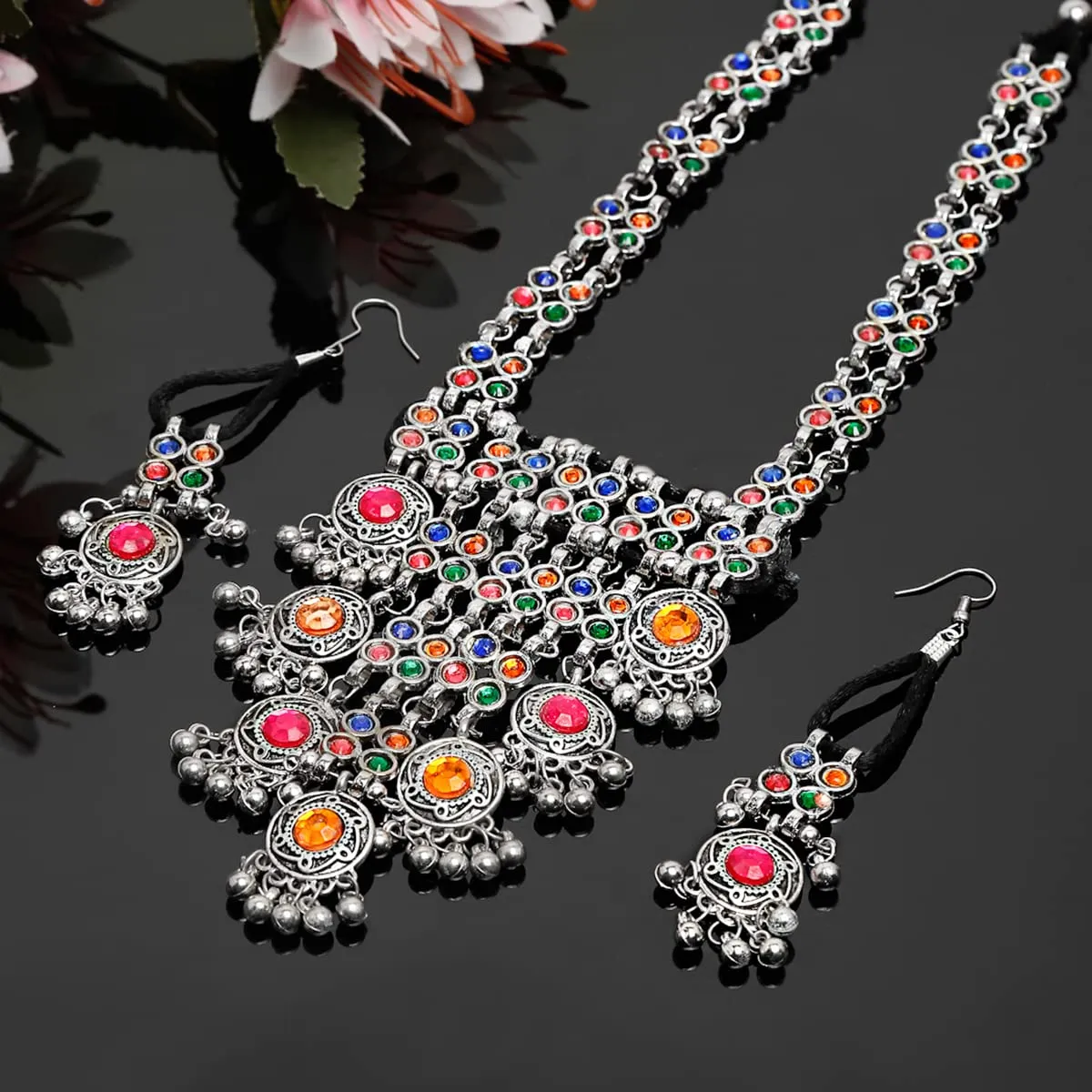 Yellow Chimes Jewellery Set for Women and Girls Traditional Silver Oxidised Jewellery Set Multicolor Silver Oxidised Necklace Set | Birthday Gift For Girls and Women Anniversary Gift for Wife