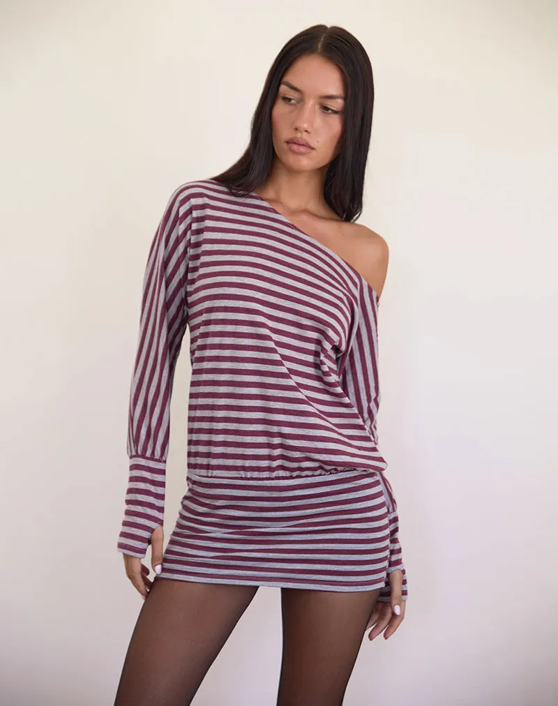 Zylina Mini Dress in Burgundy and Grey Classic Stripe